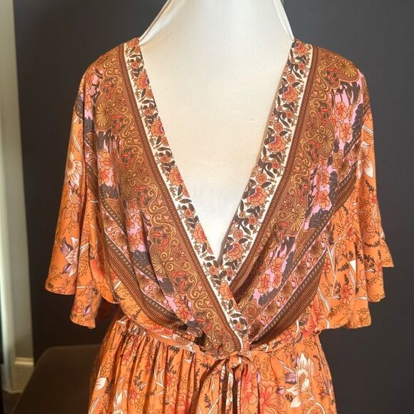 V-Neck Bohemian Orange Floral Print Short Summer Dress Cover Up Size XL NEW - Picture 5 of 13